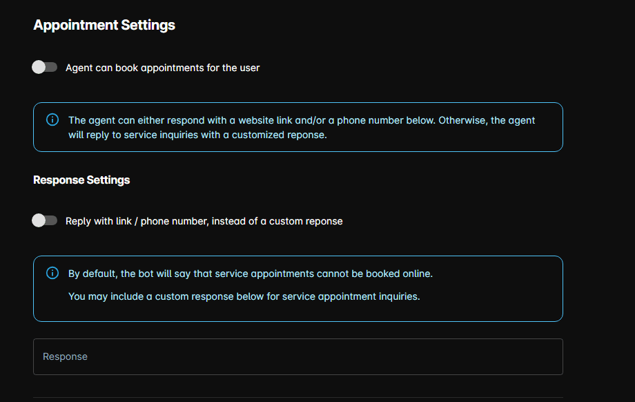Appointment Settings with booking turned off, showing Response Settings