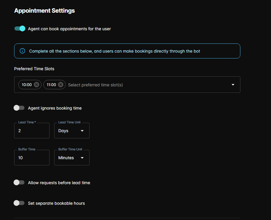 The Appointment Settings section of an agent