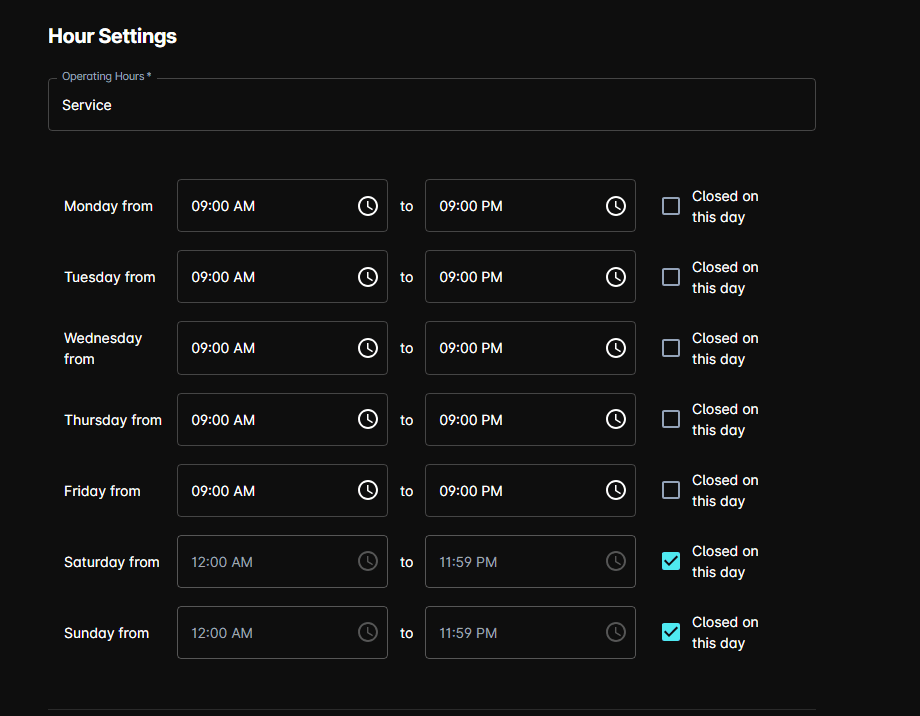 The Hour Settings section of an agent