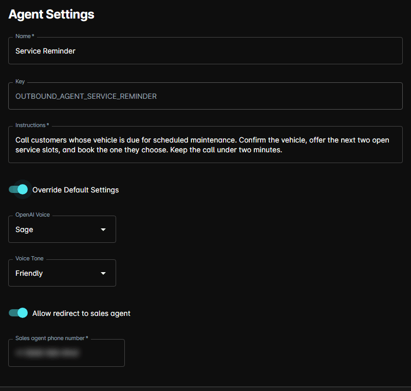 The outbound agent form showing Name, Key, Instructions, and Override Default Settings