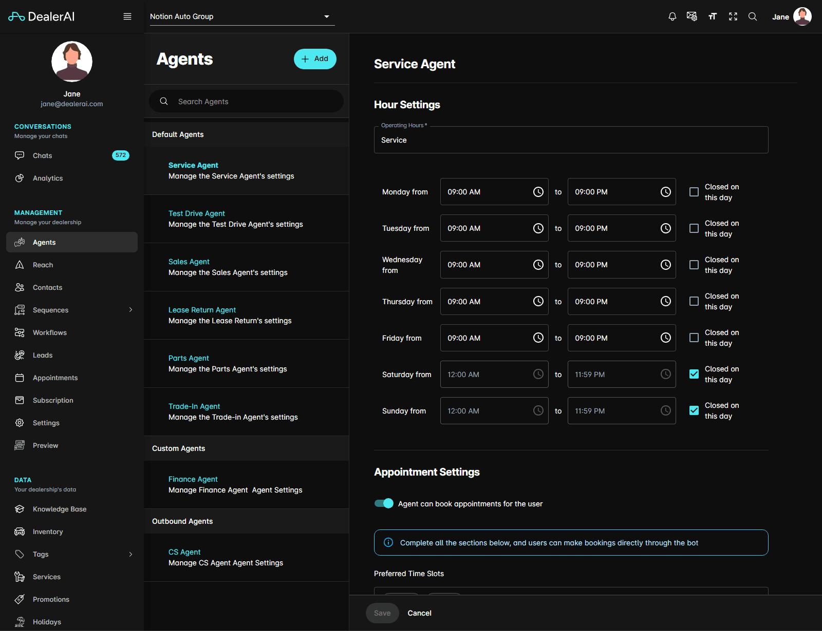 The Agents section showing the agent list and the Service Agent editor
