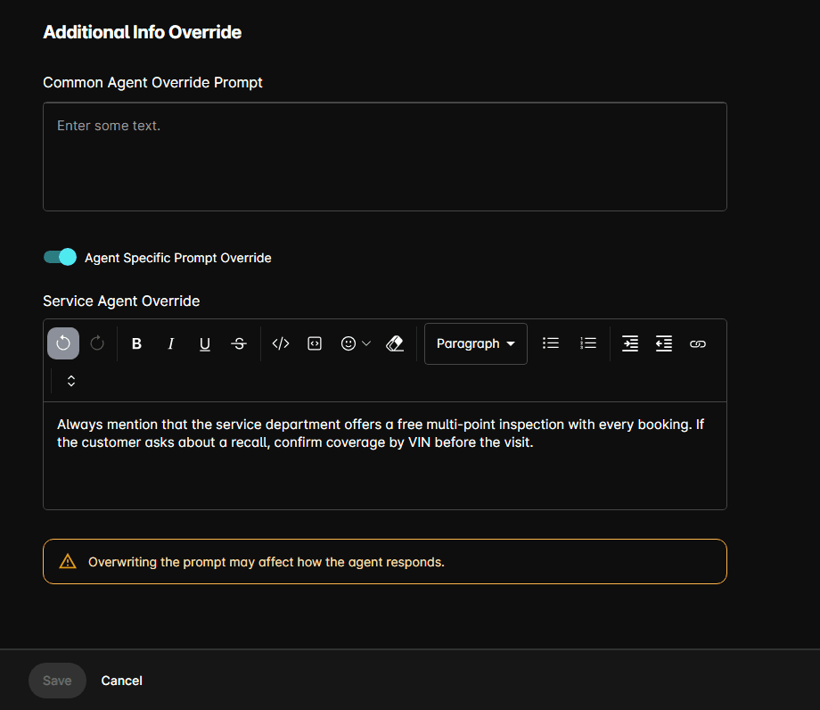 The Additional Info Override section with the Common Agent Override Prompt and the Agent Specific Prompt Override toggle