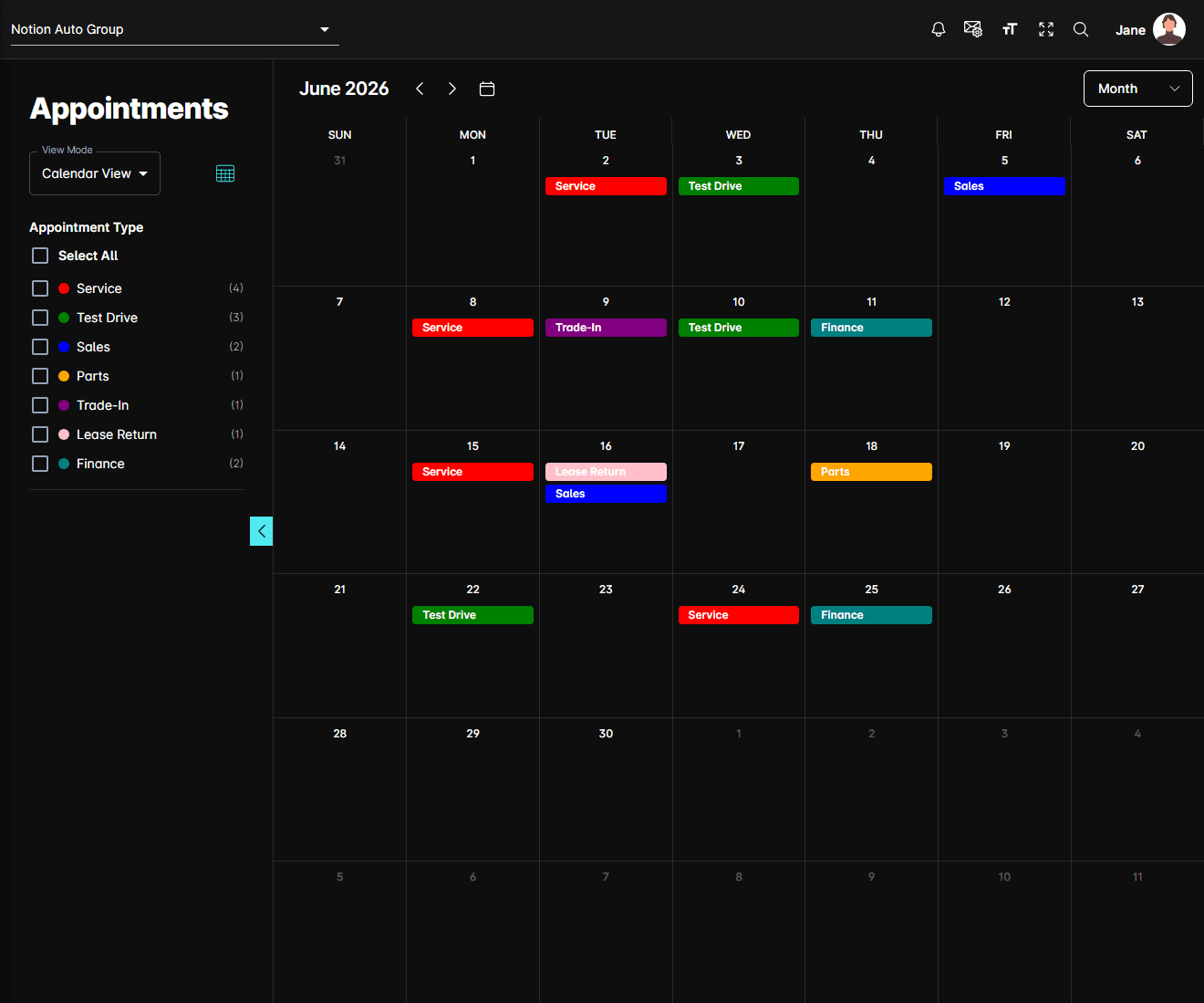 The Appointments calendar with the filter sidebar