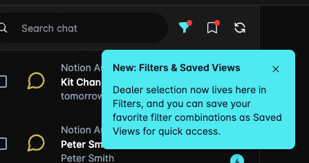 Filter and saved views icons above the chat list