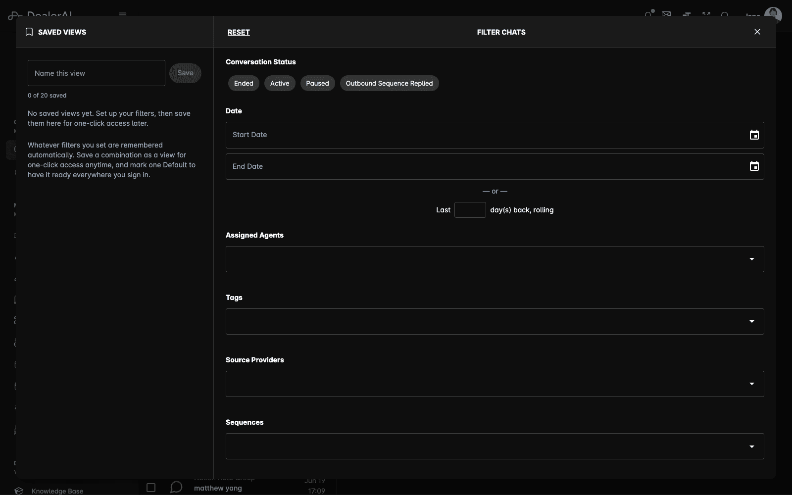 Date, agents, tags, source providers, and sequences filters