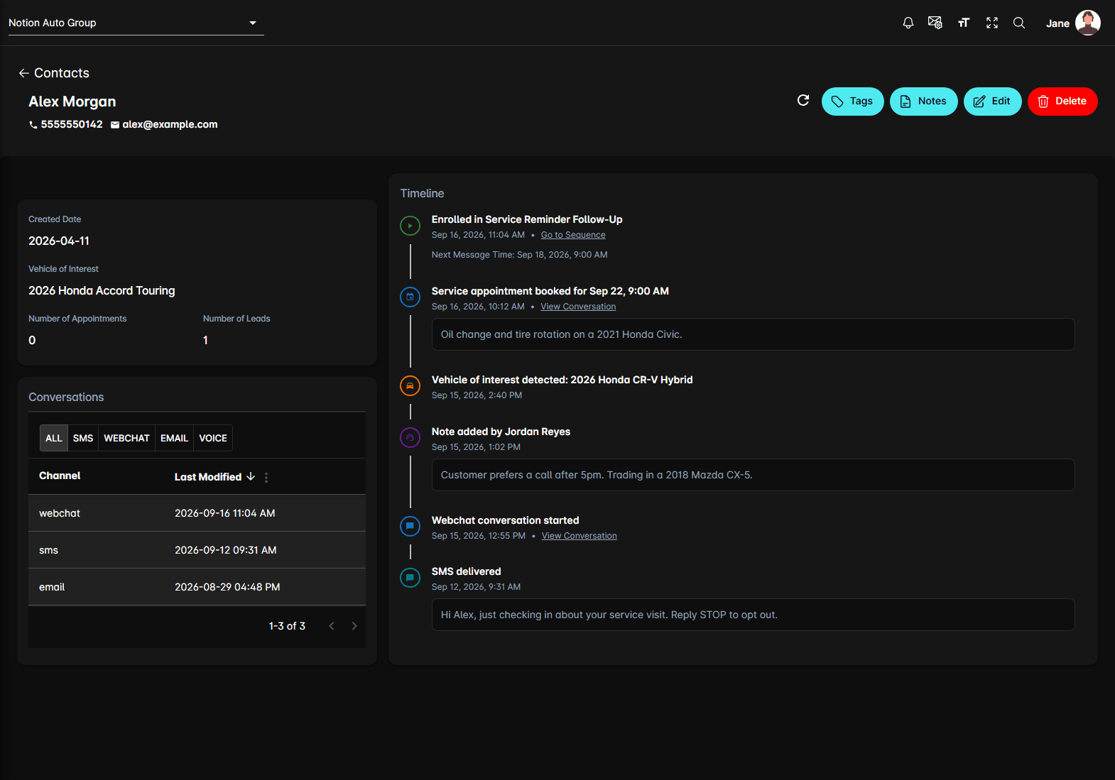A contact record, with the timeline on the right