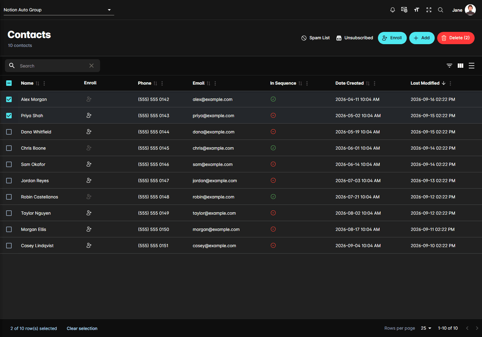 The Contacts list with two rows selected