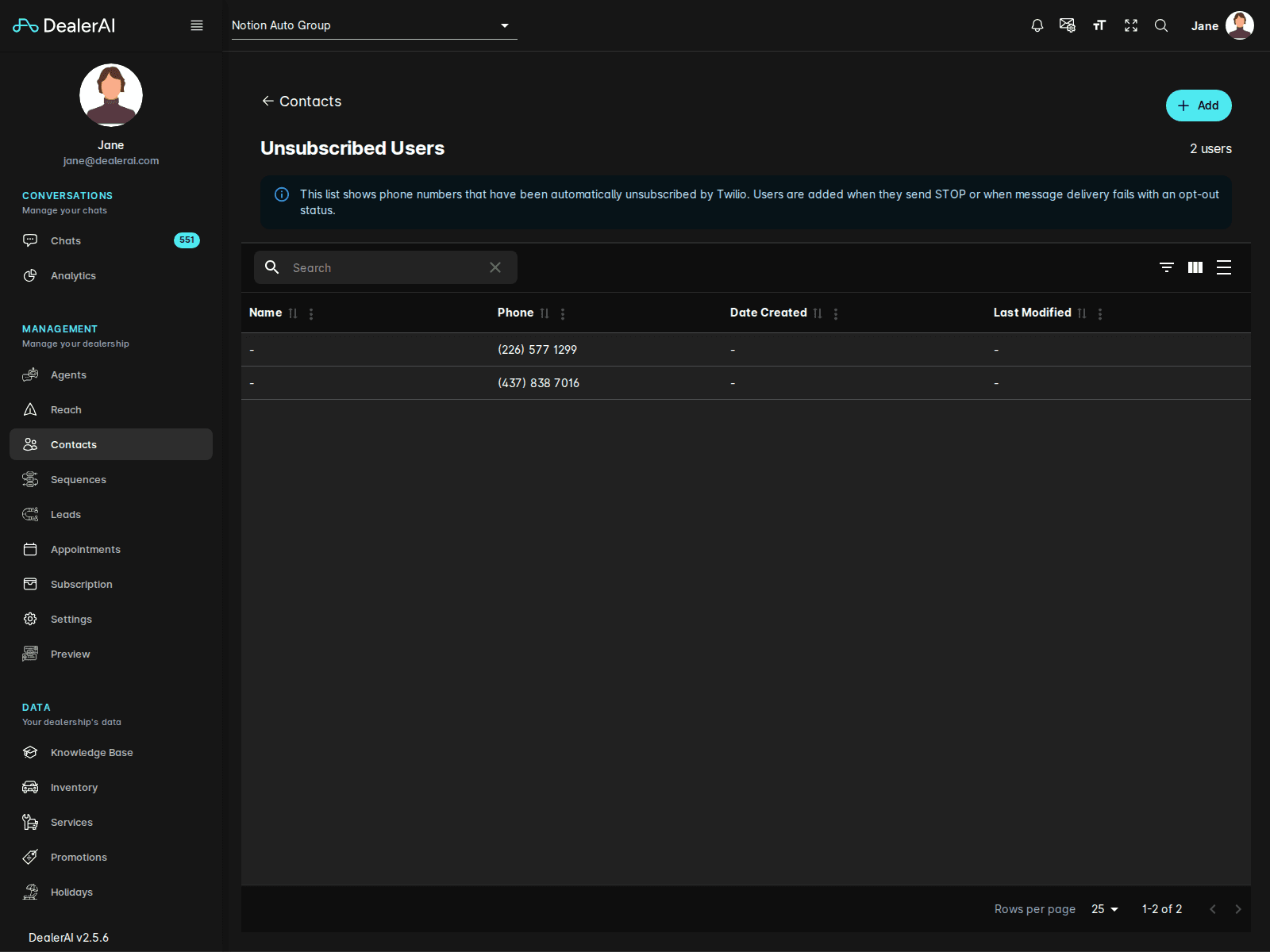 Unsubscribed contacts