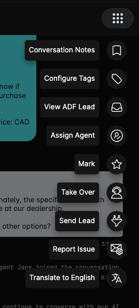 The speed dial menu, with Take Over part way down the list