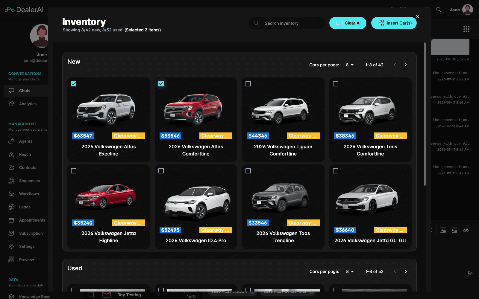 The inventory vehicle picker with two vehicles selected