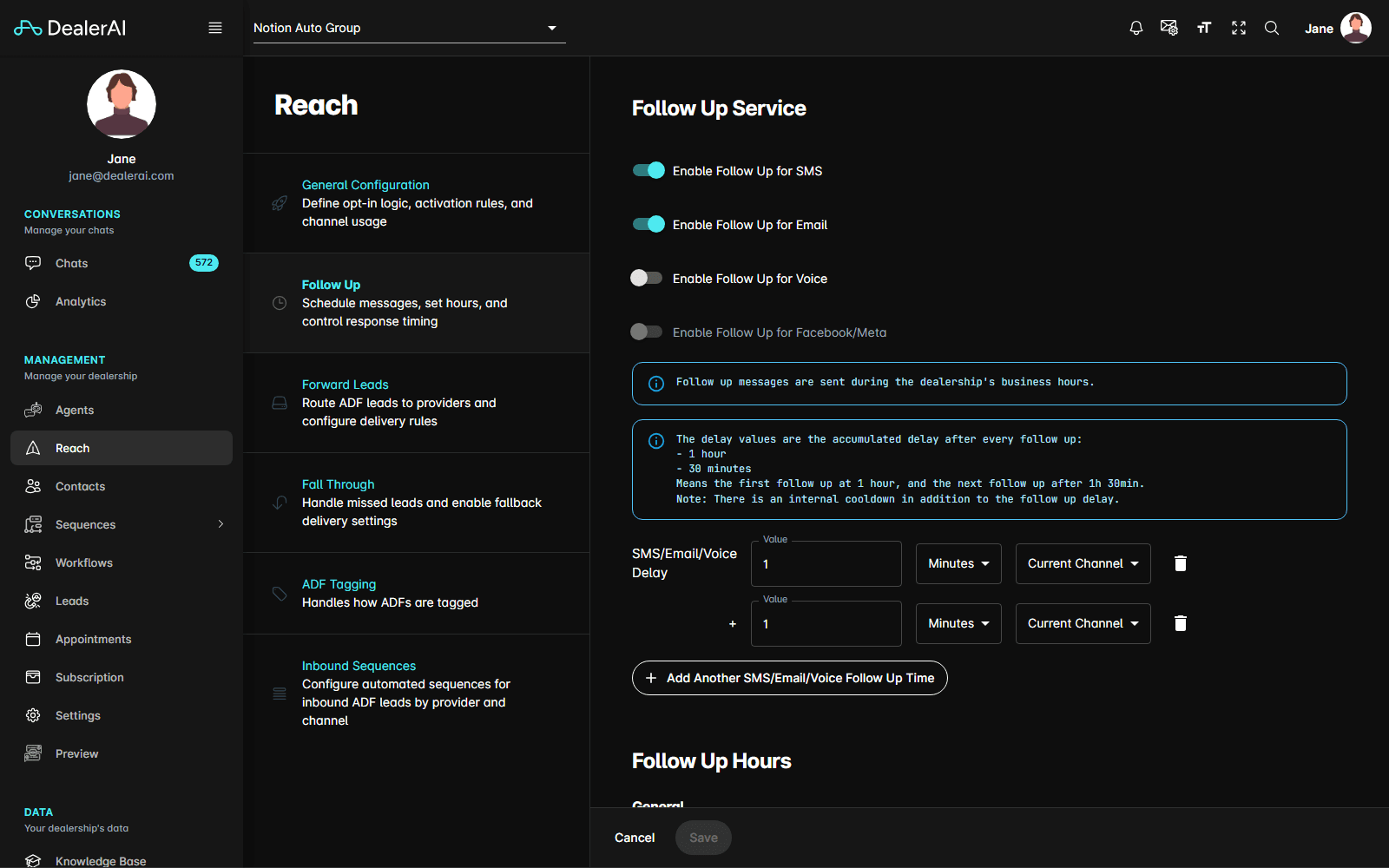 Reach follow-up settings
