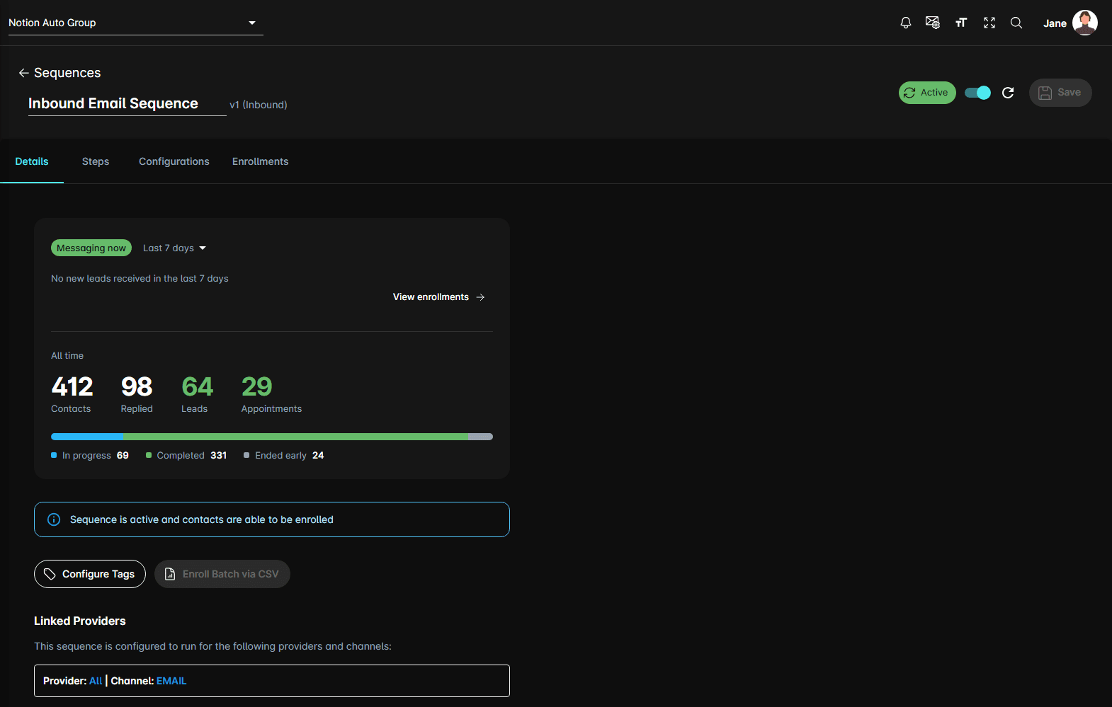A sequence record, open on the Details tab