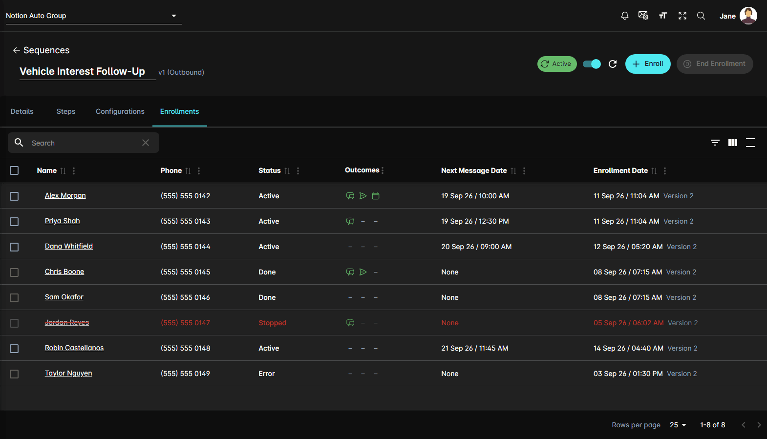 The Enrollments tab