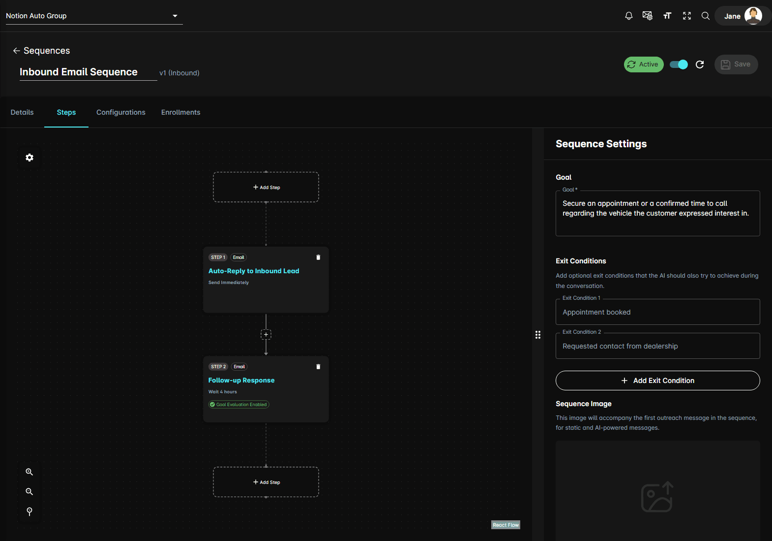The Steps tab: the flow diagram on the left, Sequence Settings on the right