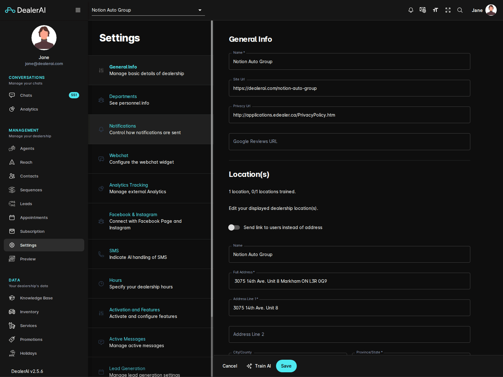 Settings general info