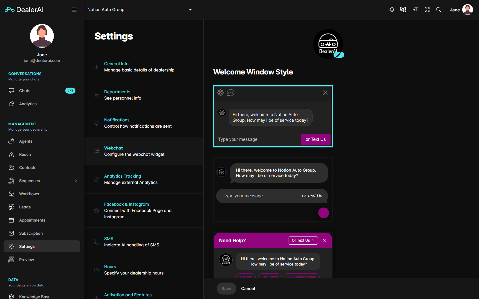 Webchat settings showing bot avatar, Welcome Window Style selector, and chat preview panels