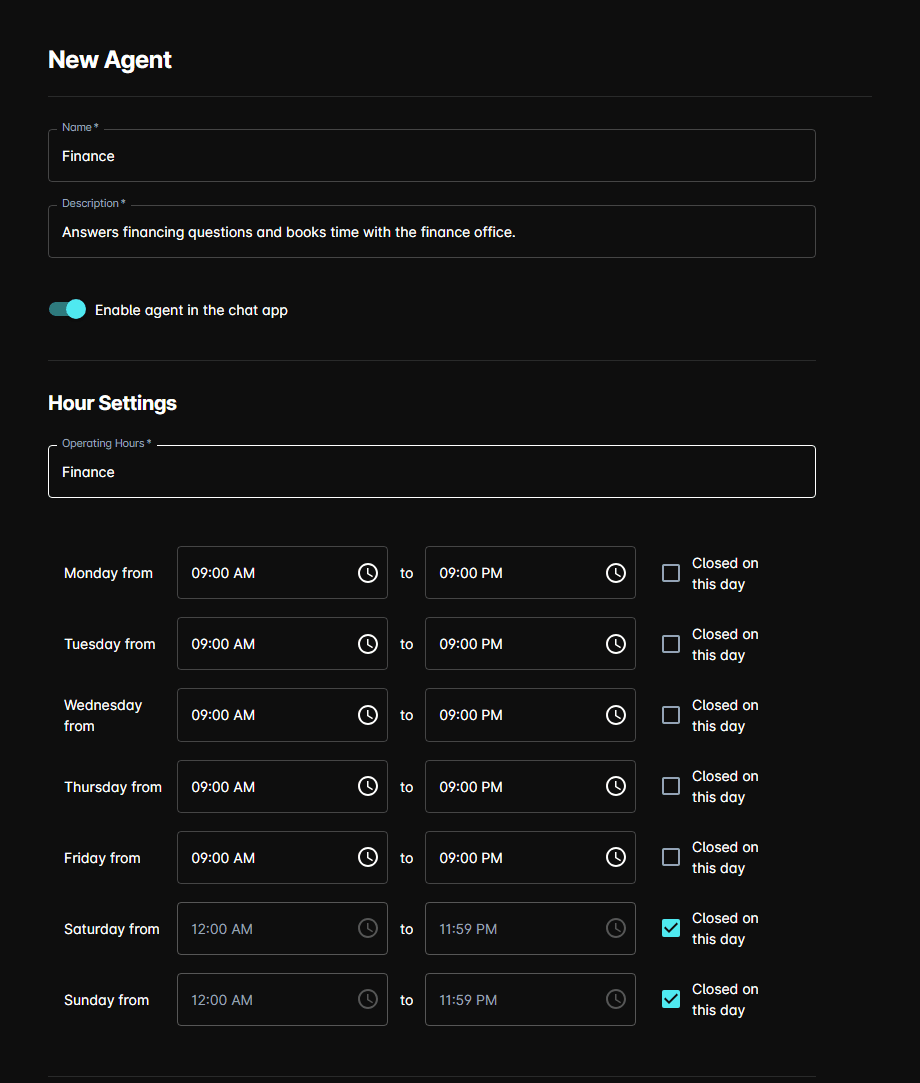 A new custom agent with its name, description, enable toggle, and hour settings