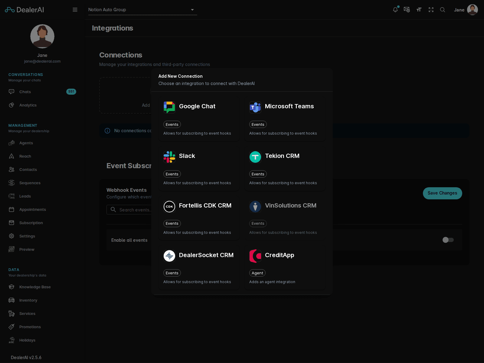 Add integration connection dialog