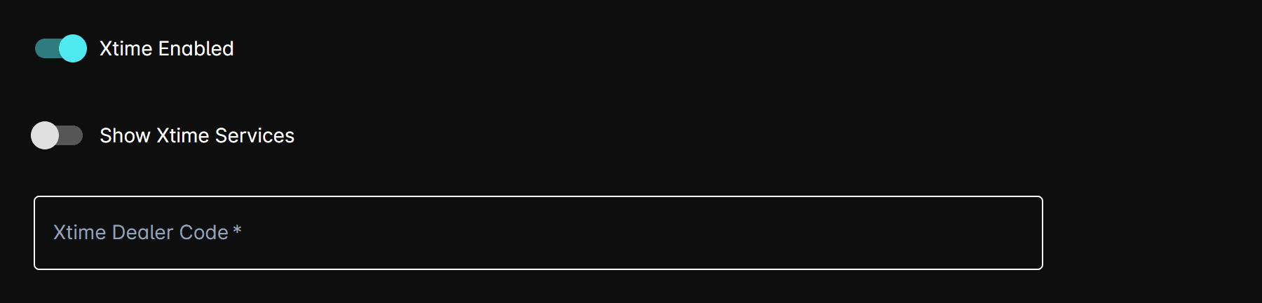 Xtime Enabled toggle and Xtime Dealer Code field in Dealer details