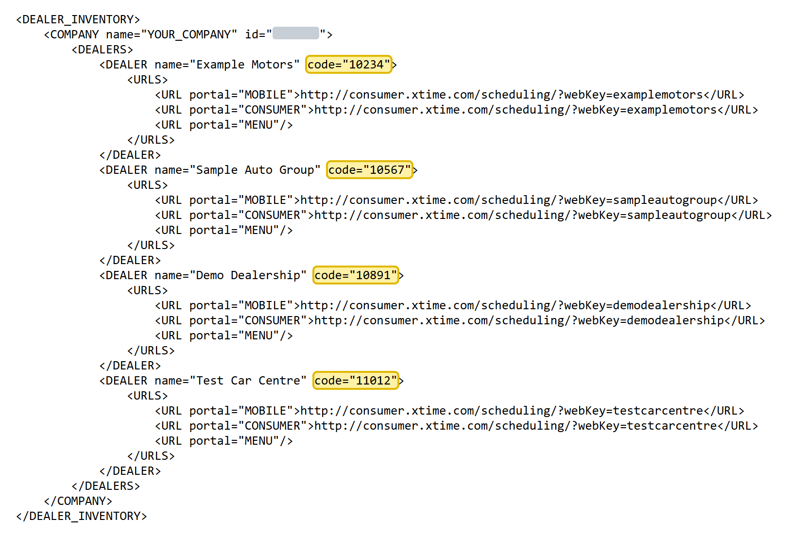 Xtime dealer links listing each connected dealer with its code highlighted