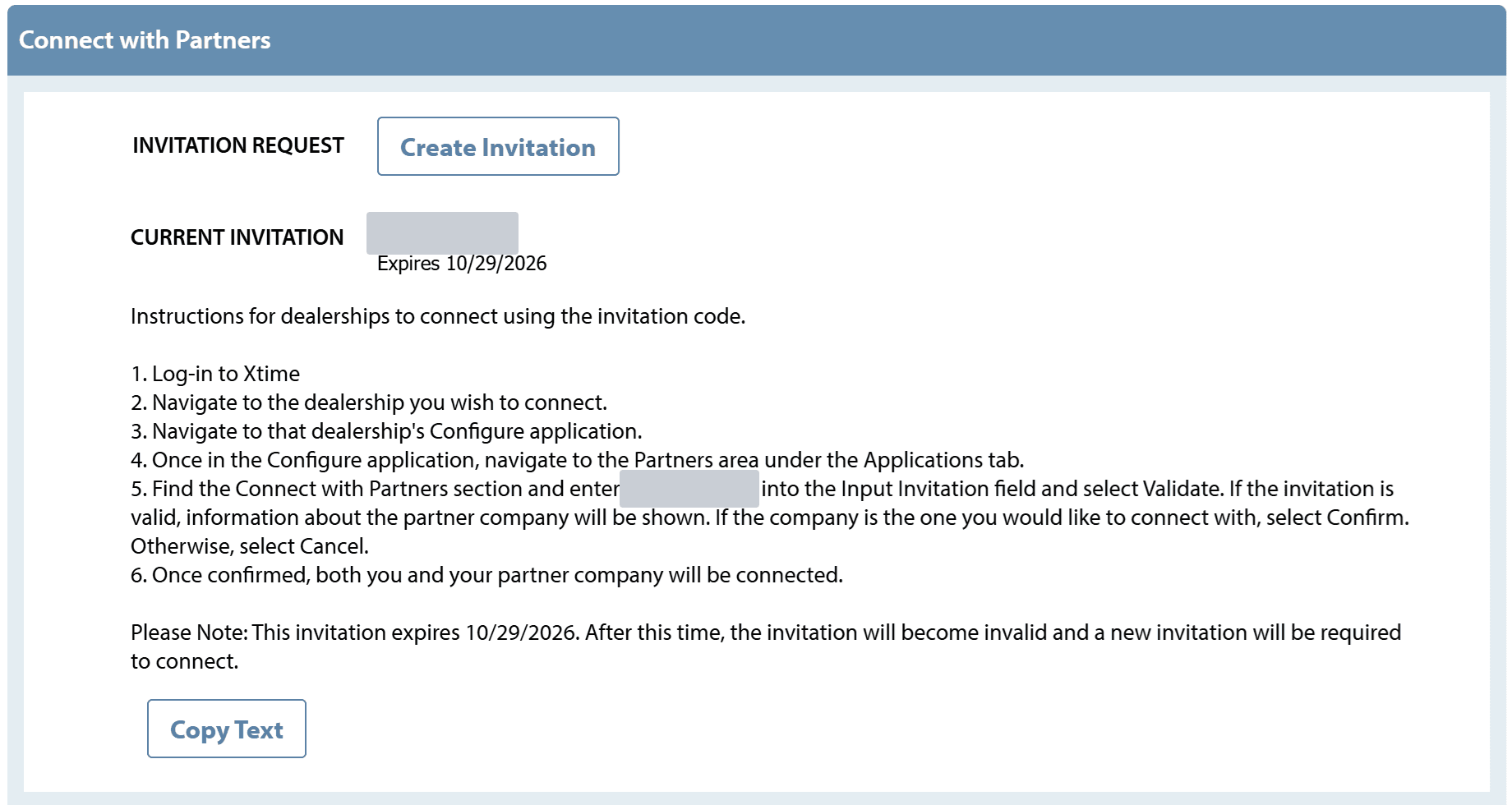 Xtime Connect with Partners panel with a current invitation code and setup instructions
