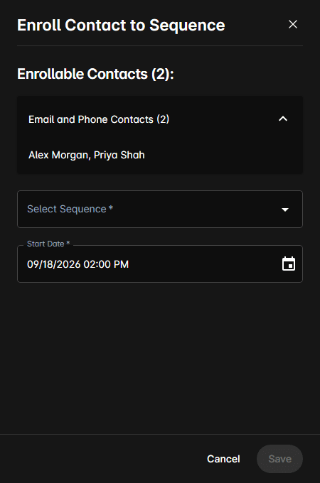 The Enroll Contact to Sequence panel