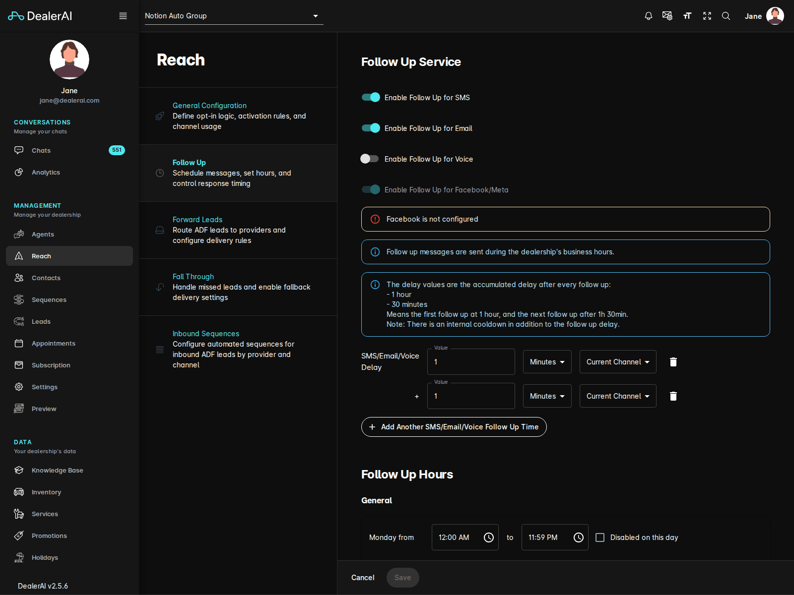 Reach follow-up settings