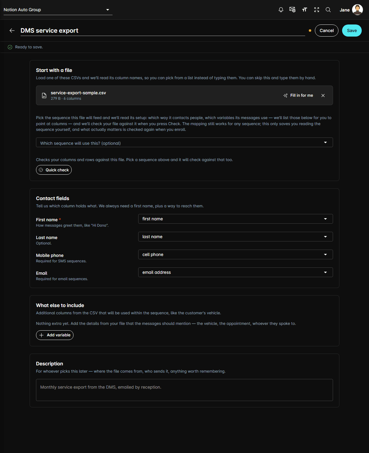 The CSV mapping editor, with a sample file loaded