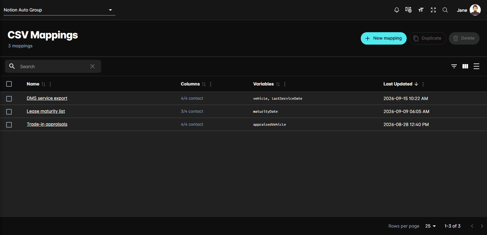 The CSV Mappings list