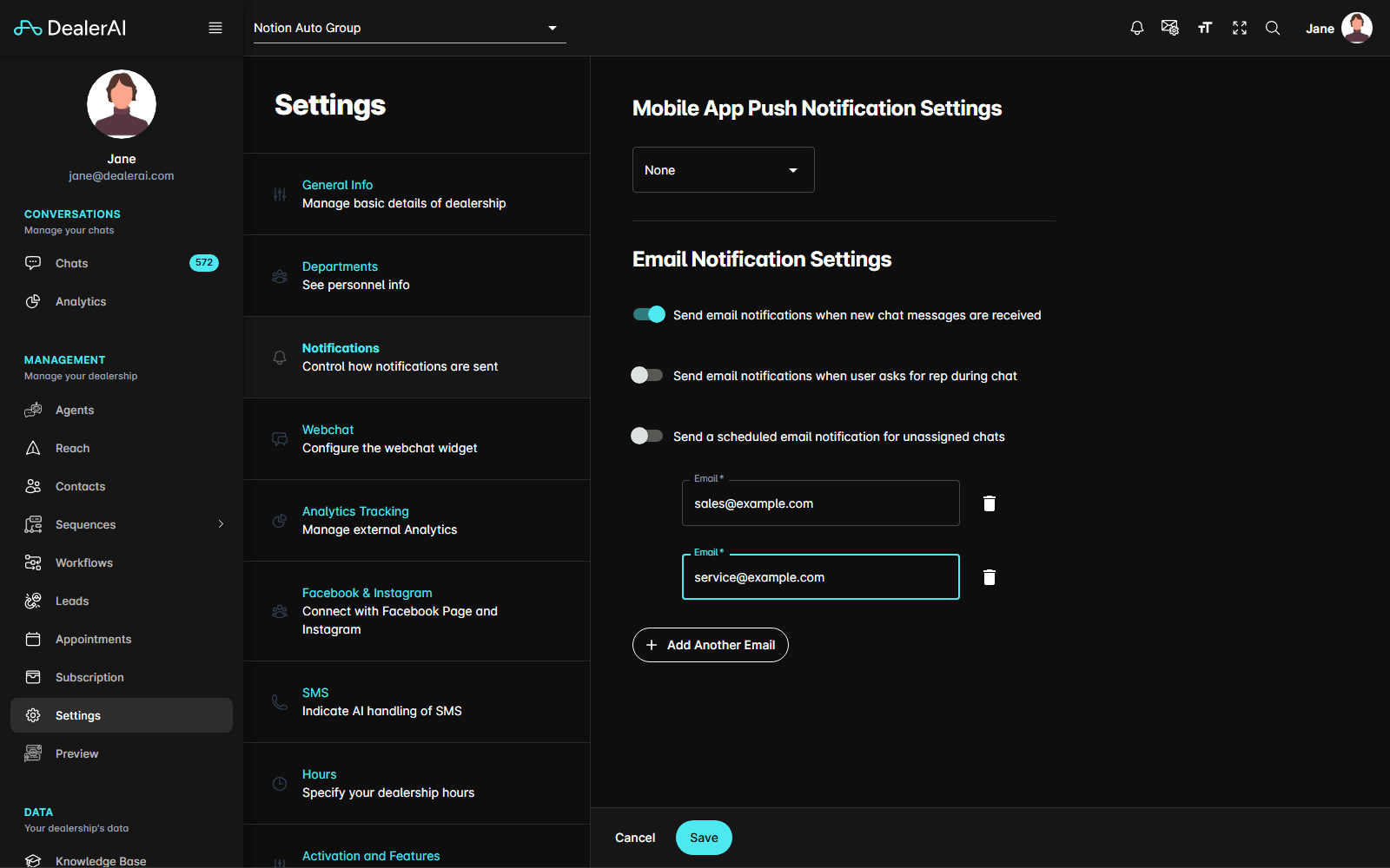 Notification email recipients