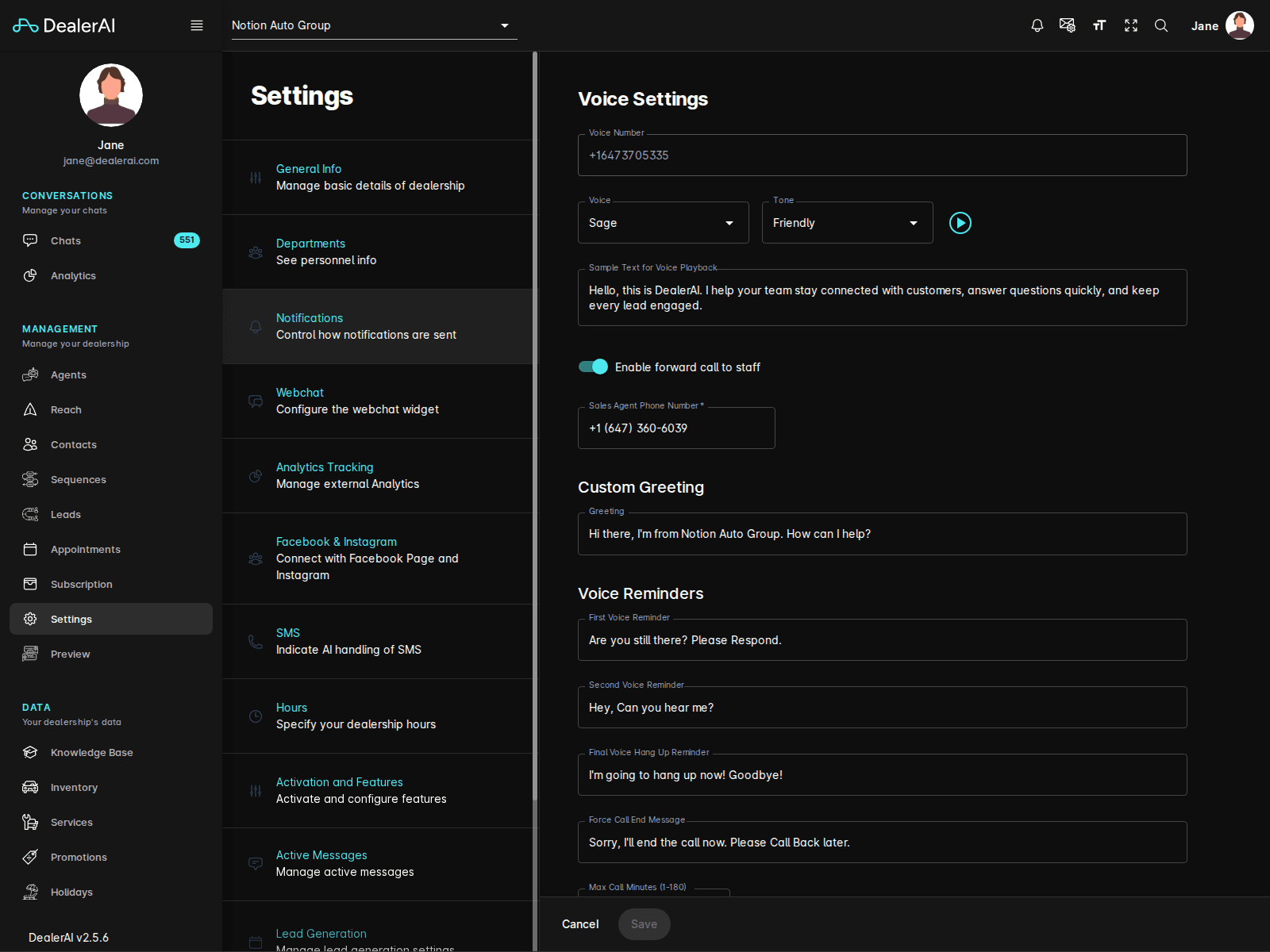 Settings voice settings